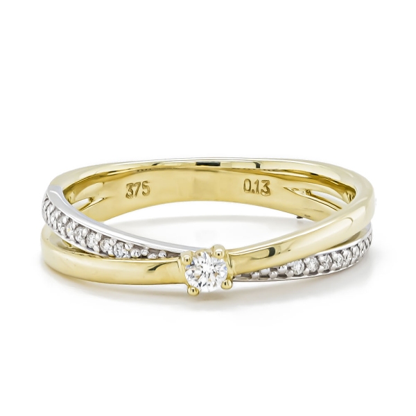 9ct Yellow & White Gold Single Diamond Ring with Diamond Set Split Shoulders 0.13ct