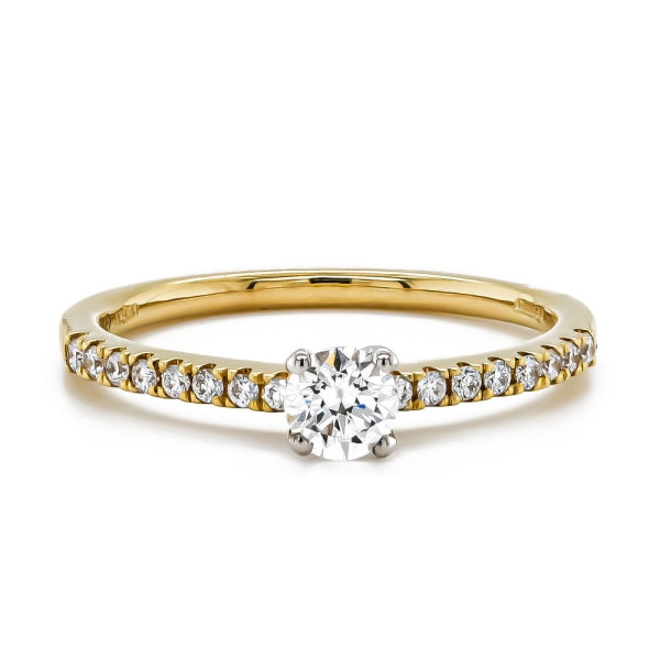 18ct Yellow Gold Brilliant Cut Diamond Claw Set Ring with Brilliant Cut Diamond Shoulders