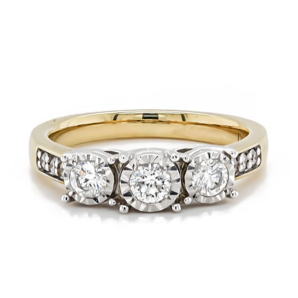 9ct Yellow and White Gold Brilliant Cut Diamond Illusion Set Ring with Diamond Set Shoulders .50ct