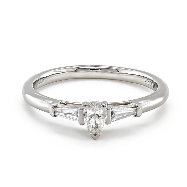 Platinum Pear Diamond Ring with Baguette Diamond Shoulders .30cts