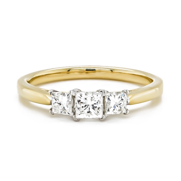 9ct Yellow Gold Princess Cut Diamond Trilogy Ring with Diamond Underbezel