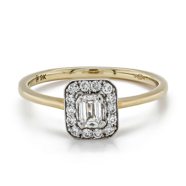 9ct Yellow and White Gold Emerald Cut and Brilliant Cut Cluster Ring