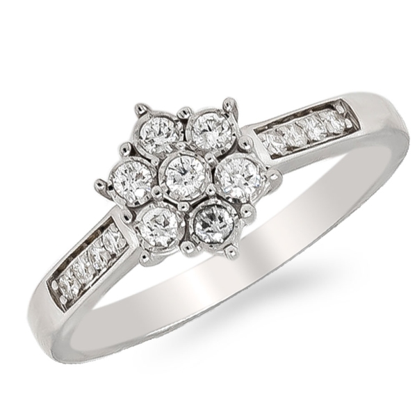 9ct White Gold Flower Cluster with Diamond Shoulders Ring .25cts
