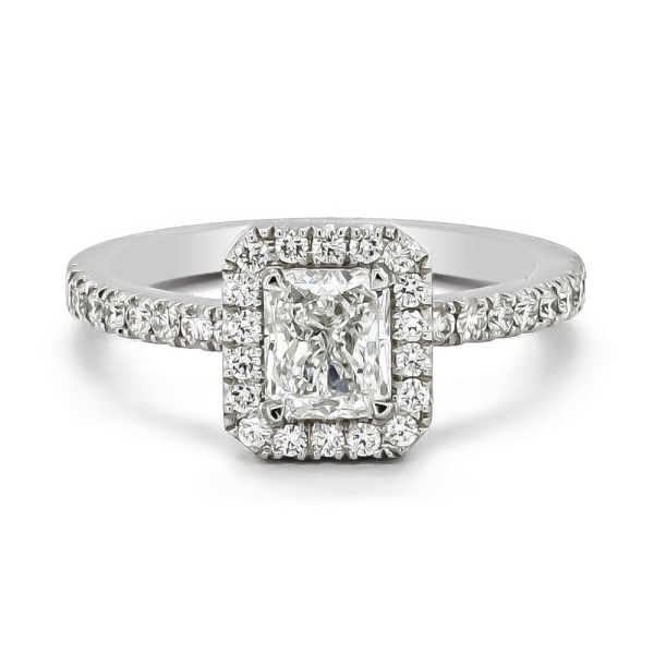 18ct White Gold Emerald Cut 1.01cts with Diamond Halo Surround and Diamond Shoulders