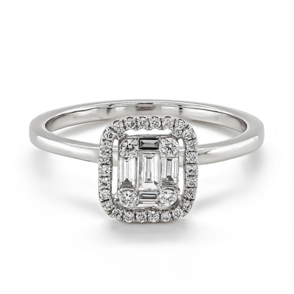 18ct White Gold Baguette and Brilliant Cut Diamond Cluster Ring .37cts