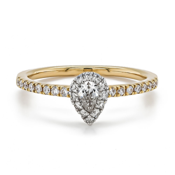18ct Yellow and White Gold Pear and Brilliant Cut Diamond Cluster Ring with Diamond Shoulders