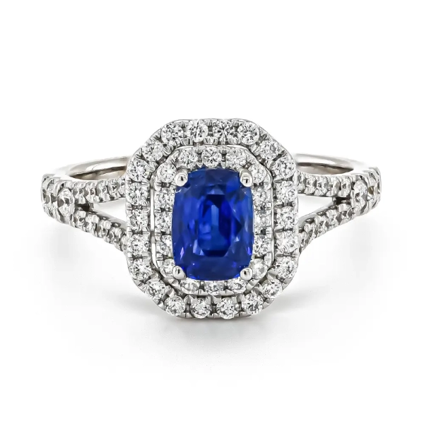 18ct White Gold Sapphire & Diamond Halo Ring
