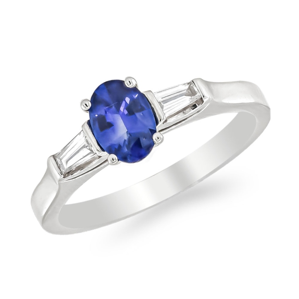 Platinum Oval Sapphire and Tapered Diamond Baguette Ring