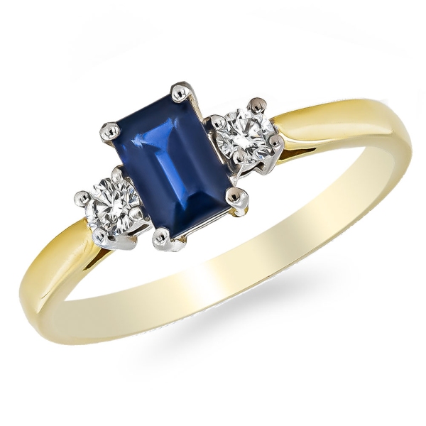 18ct Yellow and White Gold Octagonal Sapphire and Two Diamond Ring
