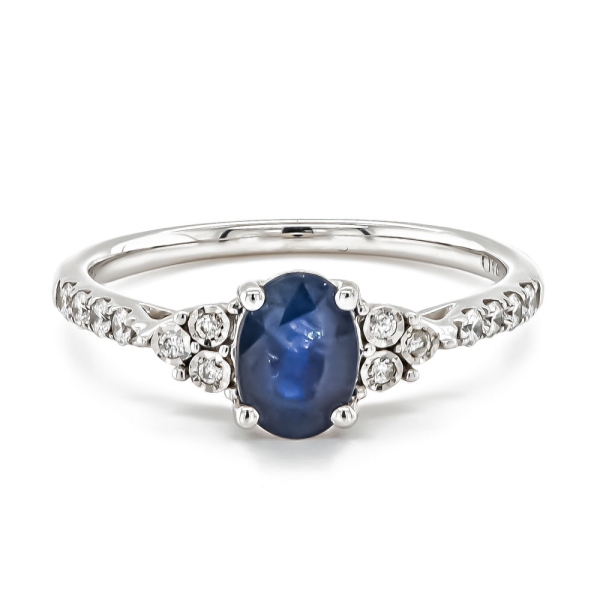 9ct White Gold Diamond & Sapphire Ring with Diamond Set Shoulders .15ct