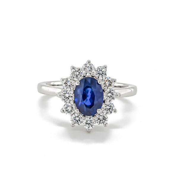 18ct White Gold Oval Sapphire and 12 Round Diamond Cluster Ring