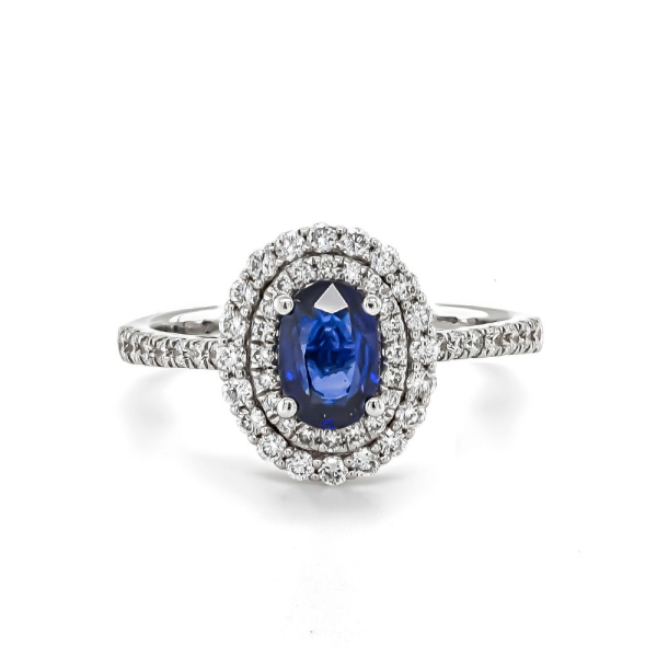 18ct White Gold Oval Sapphire with Double Halo Diamond Cluster Ring
