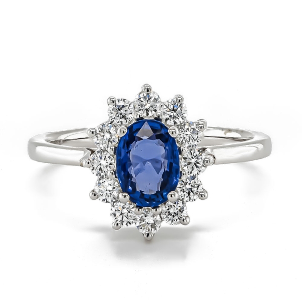 18ct White Gold Oval Sapphire 1.24cts and Diamond Surround .50cts Cluster Ring