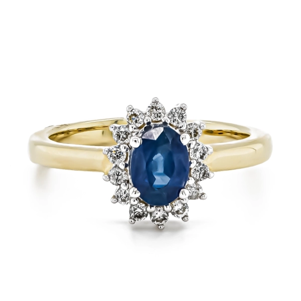 9ct Yellow Gold Oval Sapphire & Brilliant Cut Diamond Cluster Ring