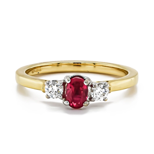 18ct Yellow and White Gold Oval Ruby and Two Diamonds Ring