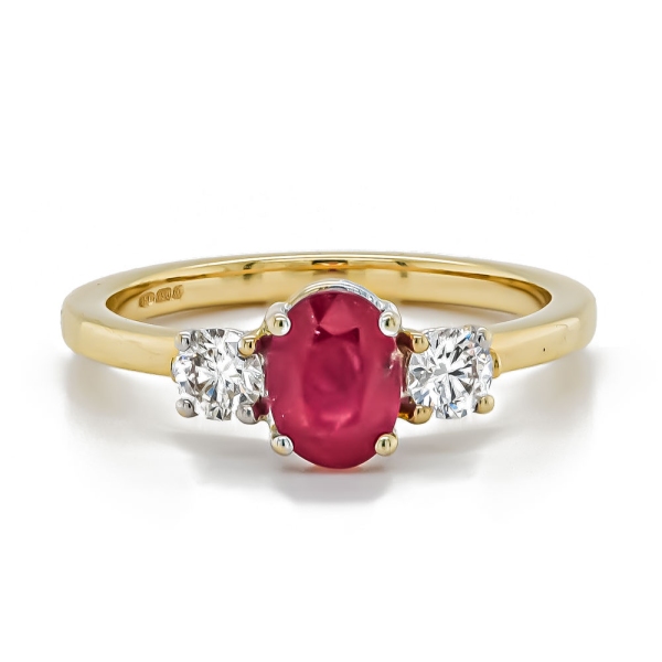 18ct Yellow and White Oval Ruby 1.04cts and Two Diamond .33cts Ring