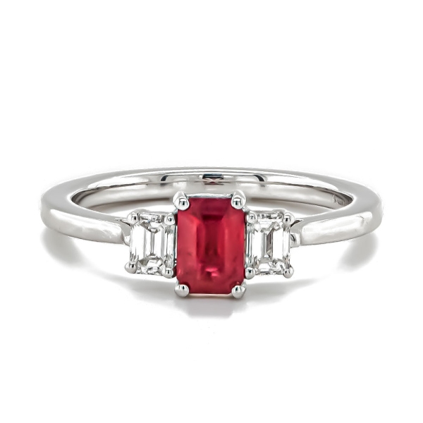 18ct White Gold Octagon Ruby and Diamond Trilogy Ring