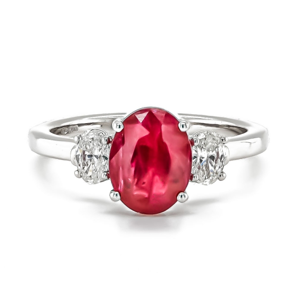 18ct White Gold Oval Ruby 2.40cts and Diamond Claw Set Ring