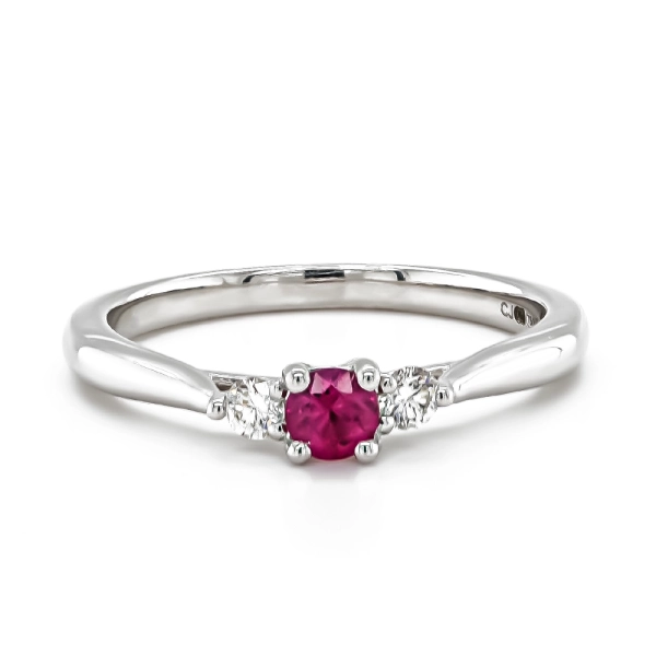 18ct White Gold Diamond & Ruby Trilogy Claw Set Ring 0.13ct