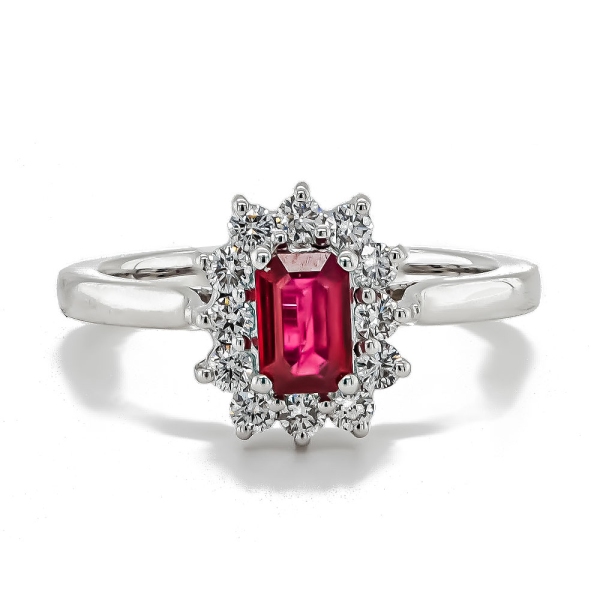 18ct White Gold Octagonal Ruby and Diamond Cluster Ring