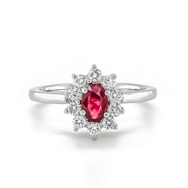 18ct White Gold Oval Ruby .53cts and Diamond .39cts Cluster Ring