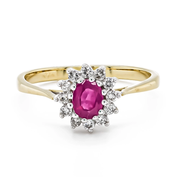 9ct Yellow and White Oval Ruby and Diamond Cluster Ring