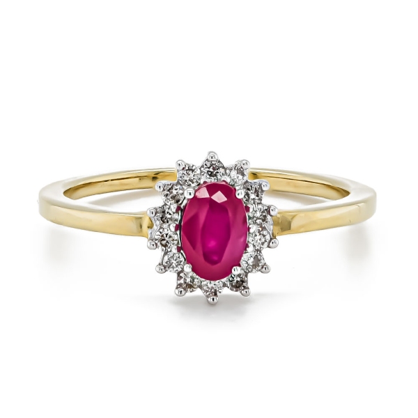 9ct Yellow Gold Oval Ruby with Diamond .16cts Cluster Ring