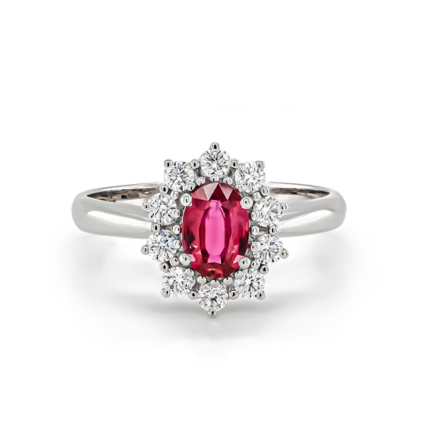 18ct White Gold Oval Ruby and Diamond Cluster Ring