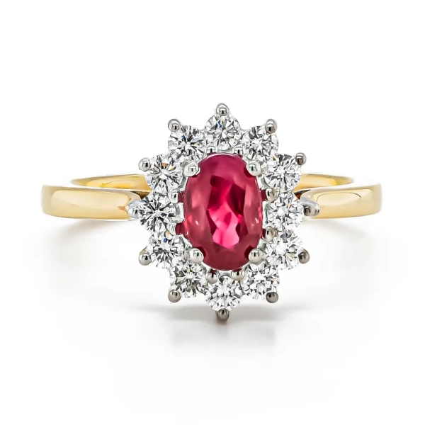 18ct Yellow Gold 1.14ct Oval Ruby and .56cts Diamond Cluster Ring