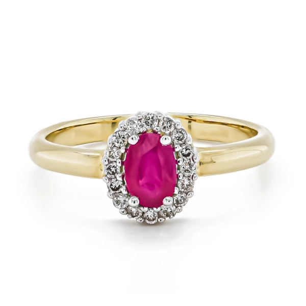 9ct Yellow Gold Ruby & Diamond Cluster Ring 0.16ct