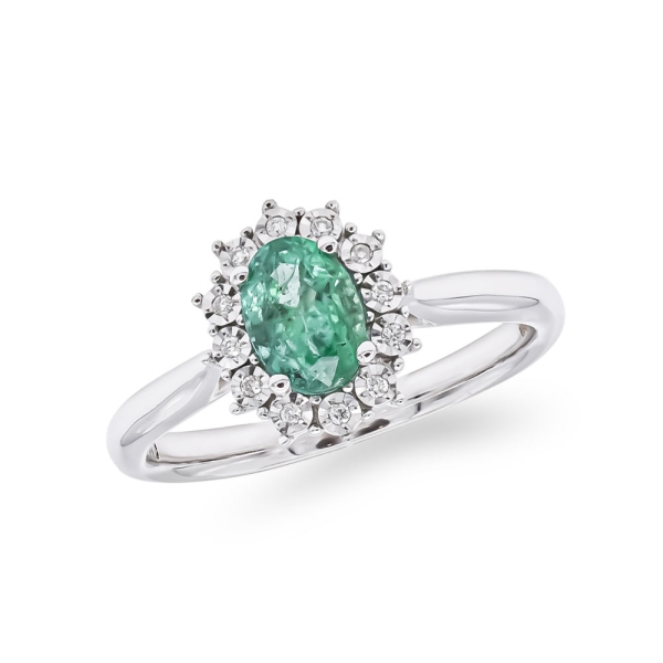 9ct White Gold Oval Emerald and Diamond Cluster Ring 