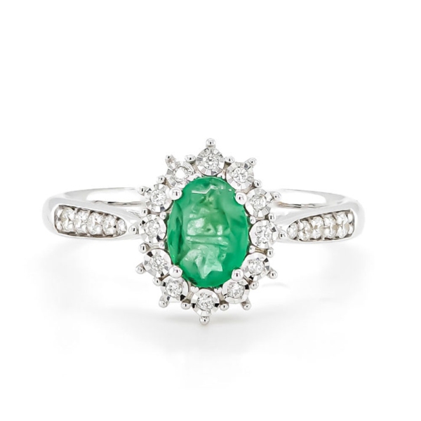 9ct White Gold Oval Emerald and Diamond Illusion Cluster Ring