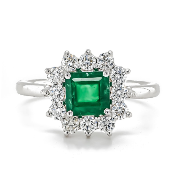 18ct White Gold Octagon Emerald and 12 Diamond Cluster Ring