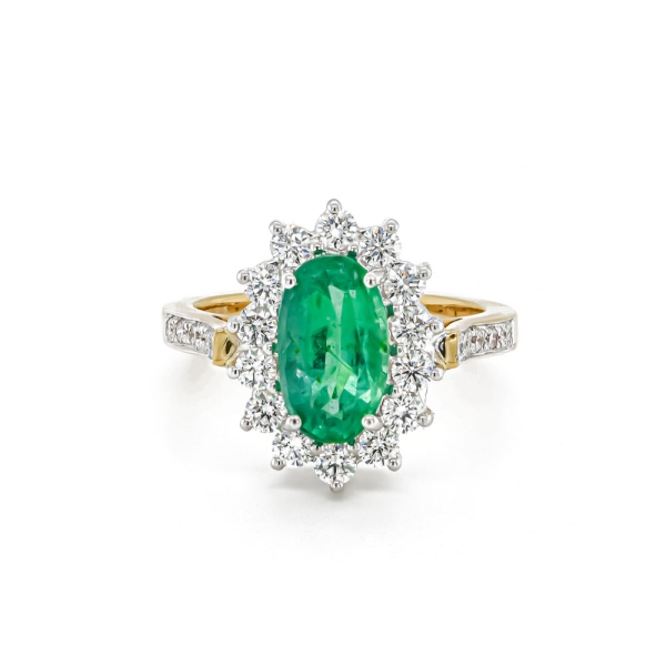 18ct Yellow and White Gold Emerald and Diamond Cluster Ring