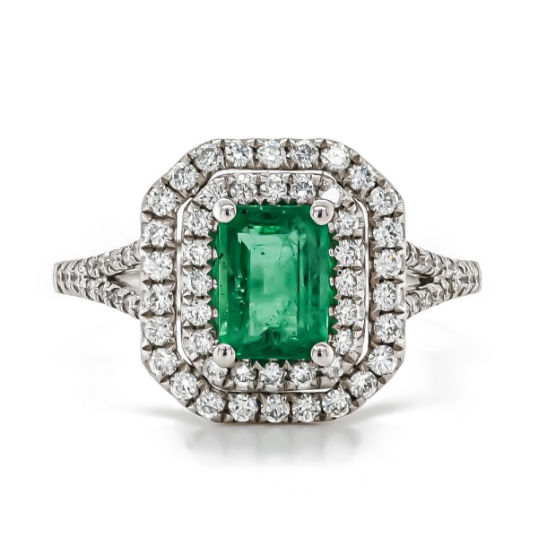 18ct White Gold Octagonal Emerald and Double Halo Diamond Cluster Ring
