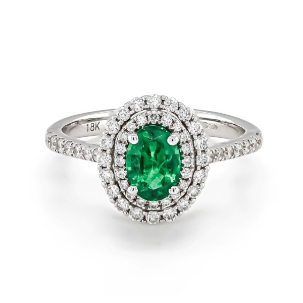 18ct White Gold Oval Emerald and Double Diamond Halo Cluster Ring