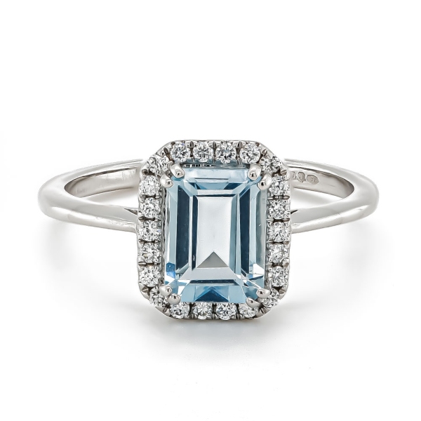 18ct White Gold 1.18cts Octagon Aquamarine and Diamond Cluster Ring