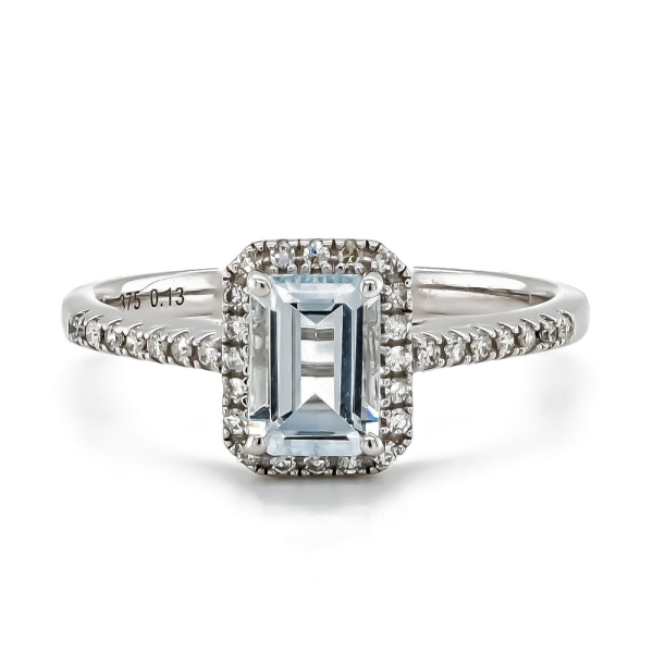 9ct White Gold Emerald Cut Aquamarine and Diamond Dress Ring