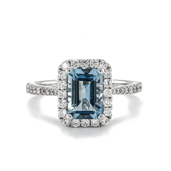 18ct White Gold 1.84cts Octagonal Aquamarine and Diamond .48cts Cluster Ring