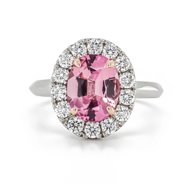 Platinum 2.02ct Oval Pink Tourmaline and 0.69ct Diamond Cluster Ring