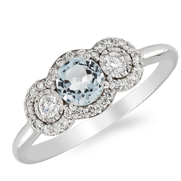 9ct White Gold Oval Blue Topaz and Diamond Three Stone Cluster Ring