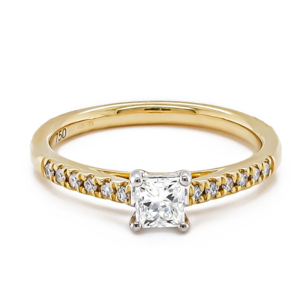 18ct Yellow Gold Princess Cut Ring With Diamond Shoulders