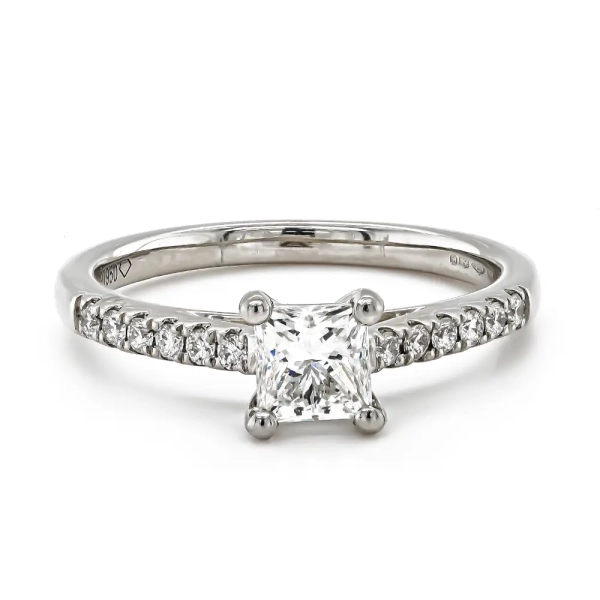 Platinum Princess Diamond Ring with Brilliant Cut Diamond Shoulders