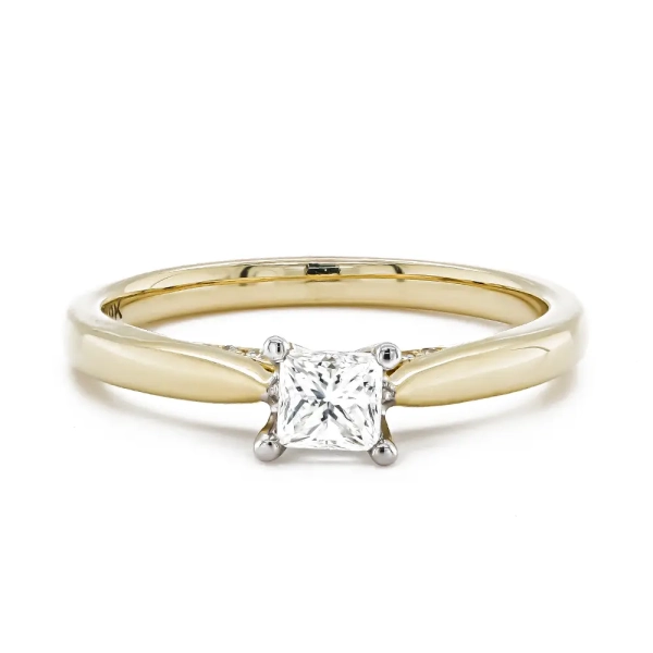 9ct Yellow & White Gold Princess Cut Diamond Ring with Brilliant Cut Under-Bezel Diamonds