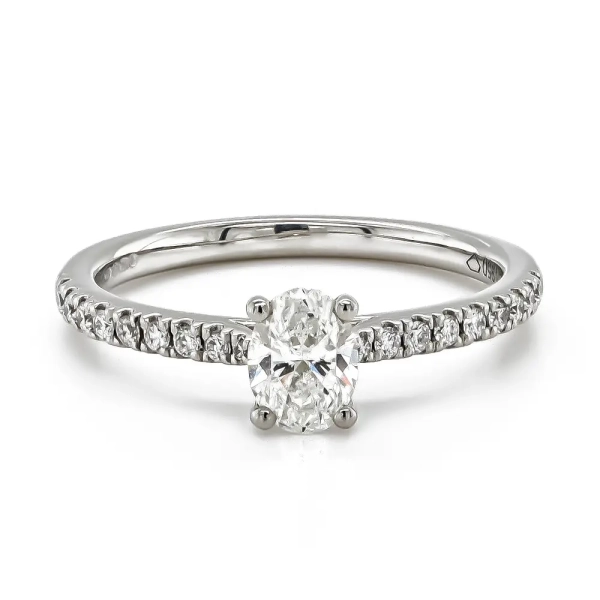 Platinum Oval Diamond Claw Set Ring with Diamond Set Shoulders
