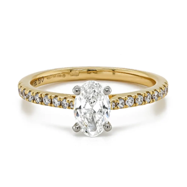 18ct Yellow Gold & Platinum Oval Diamond Claw Set Ring with Diamond Shoulders