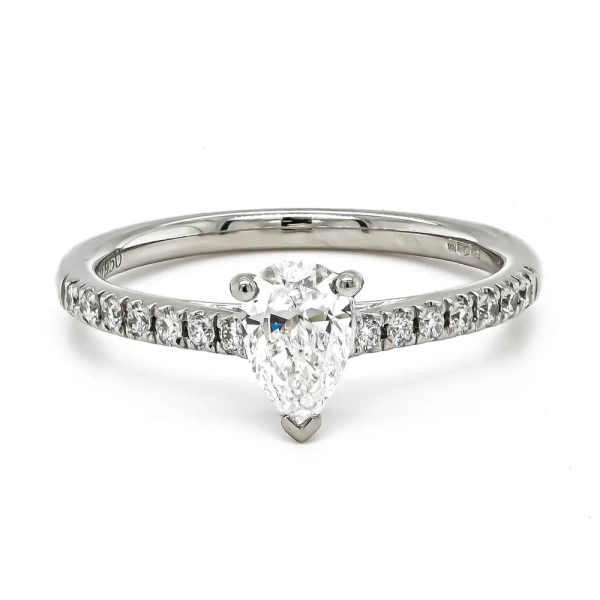 Platinum Pear Shaped Diamond Ring with Diamond Shoulders