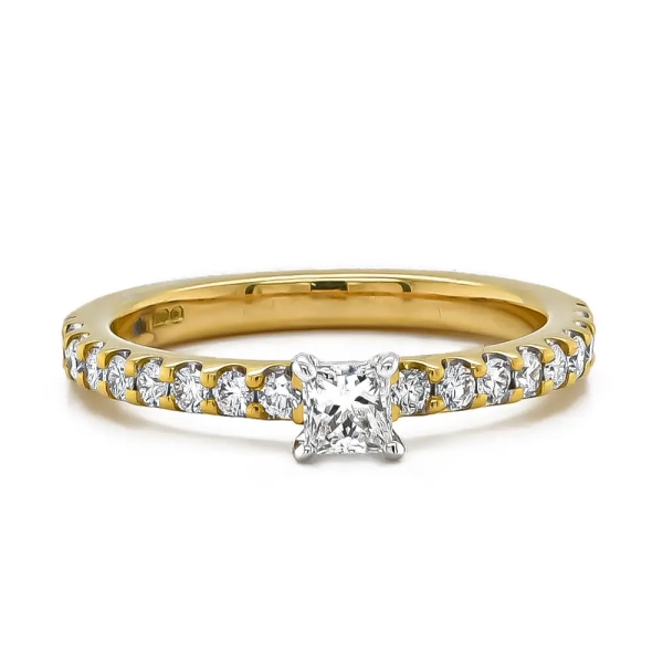 18ct Yellow Gold Princess Cut Diamond Ring with Diamond Set Shoulders