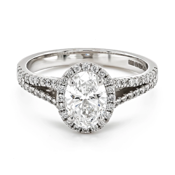 18ct White Gold Lab Grown Oval Cluster with Brilliant Cut Set Diamond Shoulders Ring 1.41ct