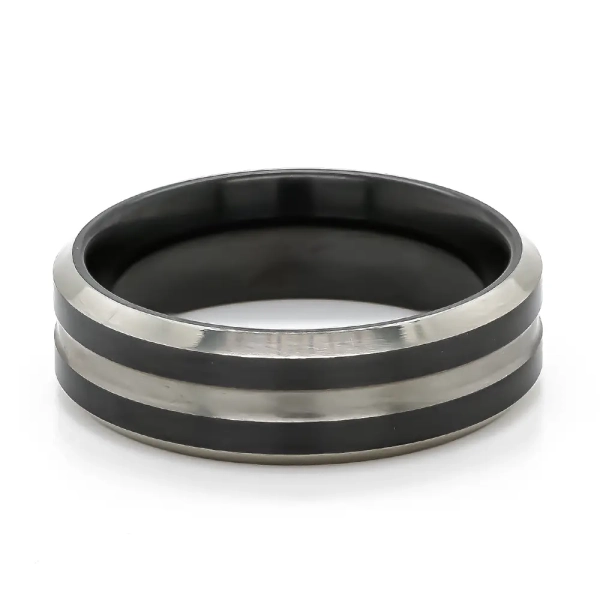Flat Profile Black Zirconium Ring With Natural Chamfered Edges And Natural Central Groove 7mm